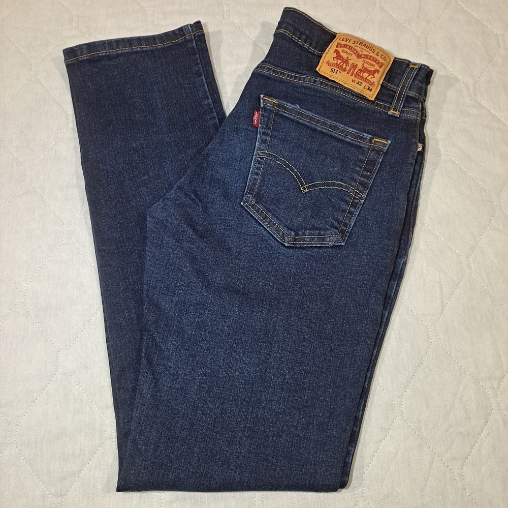 Levi's 511 DarkWash Stretch Jeans Men's 32x34 Blue Denim 5-Pkt Zip-up Straight